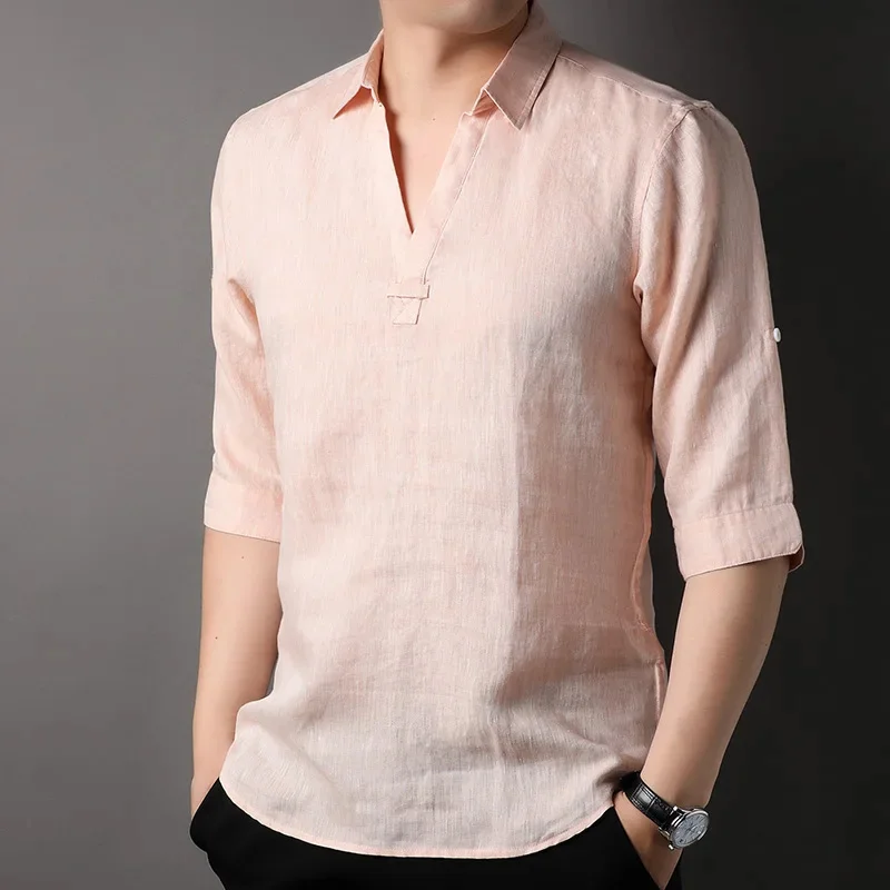 Men's Casual Blouse Cotton Linen Shirt Tops mid-Sleeve Tee Spring Autumn Summer Handsome Men