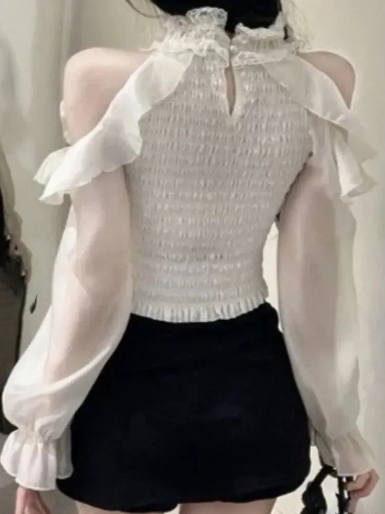 Femme chemises et chemisiers volants printemps automne court Blusas Mujer solide mode coréenne licou élégant rétro Camisas