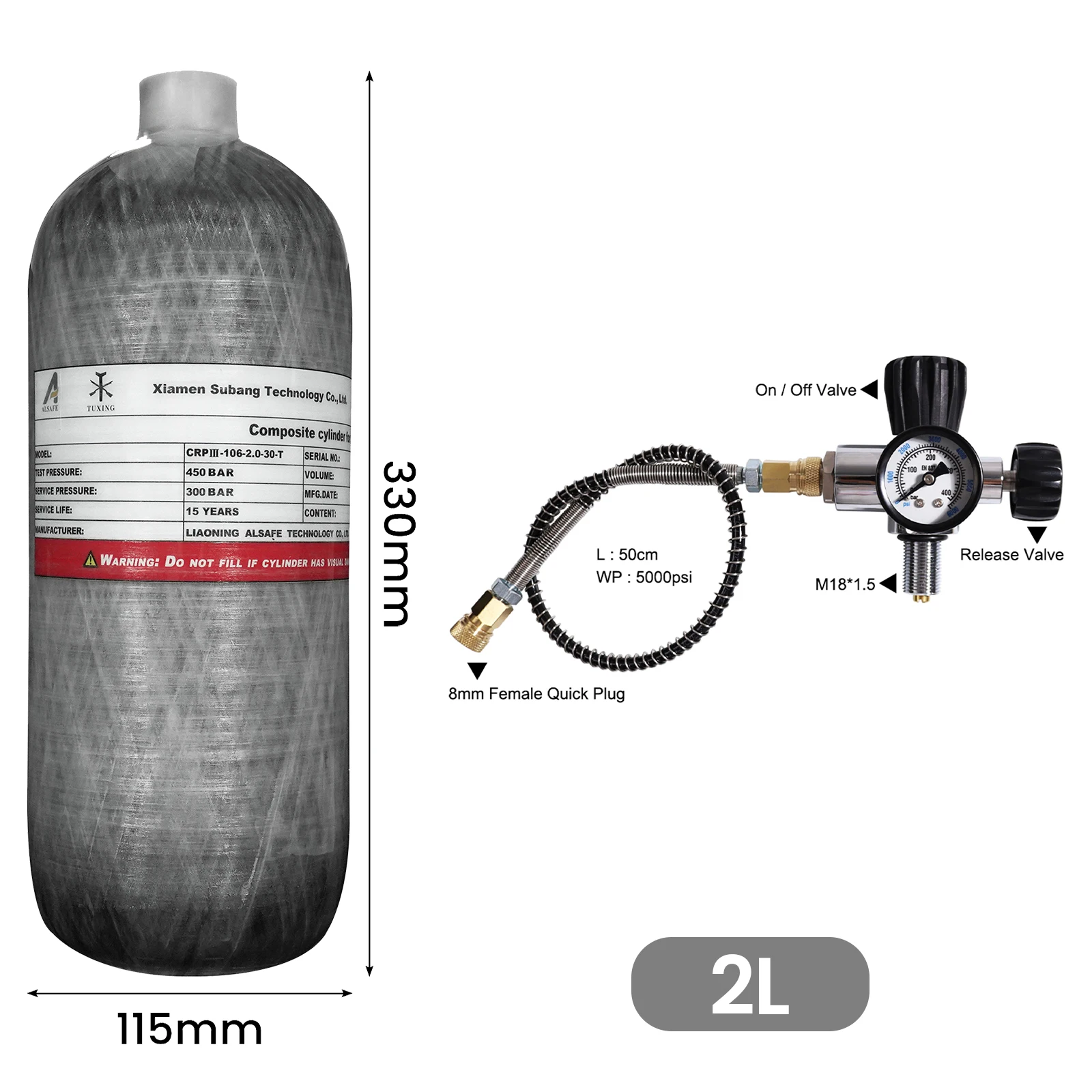 TUXING 4500psi 2L Carbon Fiber Cylinder with Fill Station Regulating Valve 300Bar High Pressure HPA Cylinder for Scuba Diving