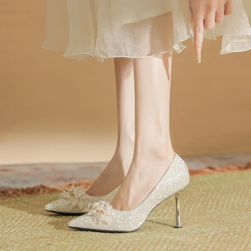 

Pointed Stiletto Heel Pumps Plus Size 30-44 Pearls Women Wedding/party Shoes Bridal Pumps