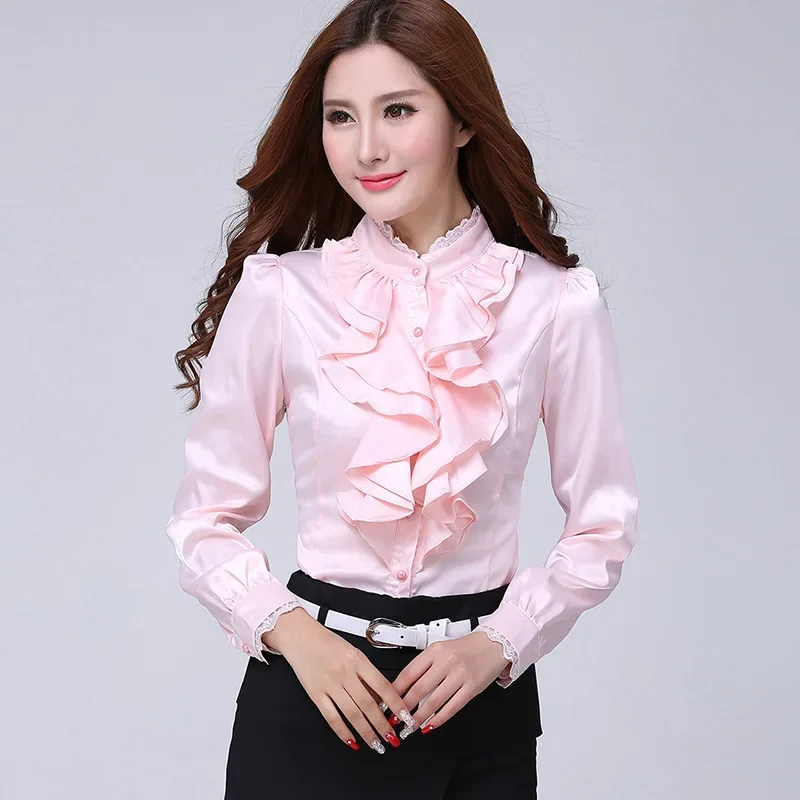 Blouse shirt Women Fashion Blouses Pink Casual Shirts Elegant Ruffled Collar White Office Female Clothing Spring Tops 2022 ZT53