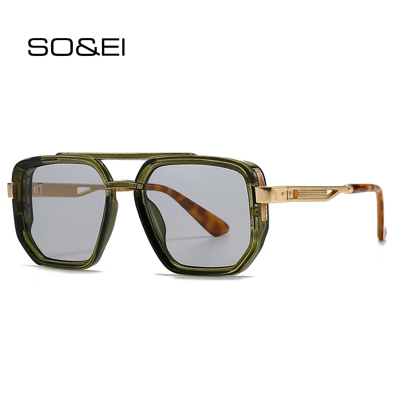 

SO&EI Ins Popular Fashion Double Bridges Square Sunglasses Women Retro Rivets Blue Green Men Punk Sun Glasses Shades UV400