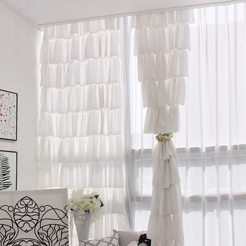 Korean Romantic Fashion Light Flittering Curtains Princess Solid White Multi-layer Cupcake Skirt Window Drapes for Girl's Room