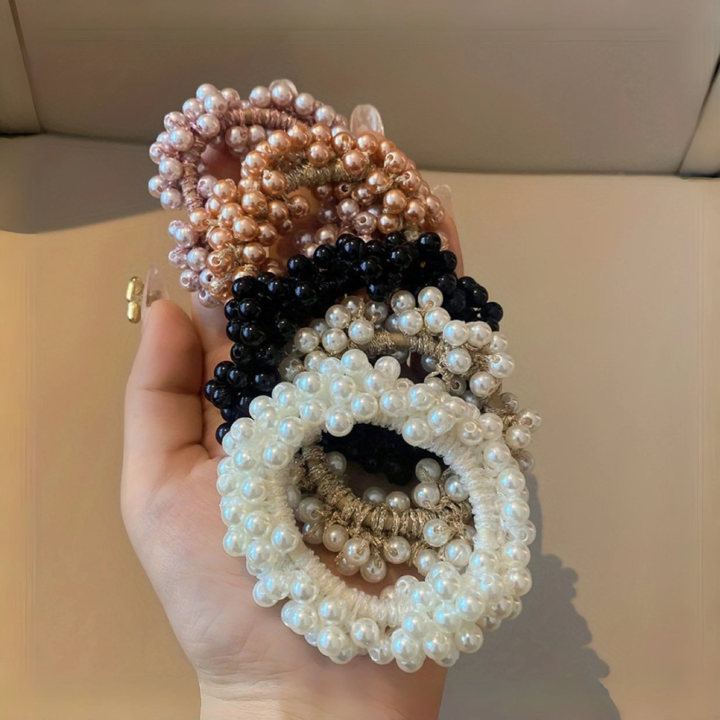 ربطة شعر أنيقة من اللؤلؤ الصناعي للنساء والفتيات، أربطة شعر بسيطة وأنيقة، حامل ذيل حصان مرن، أربطة مطاطية