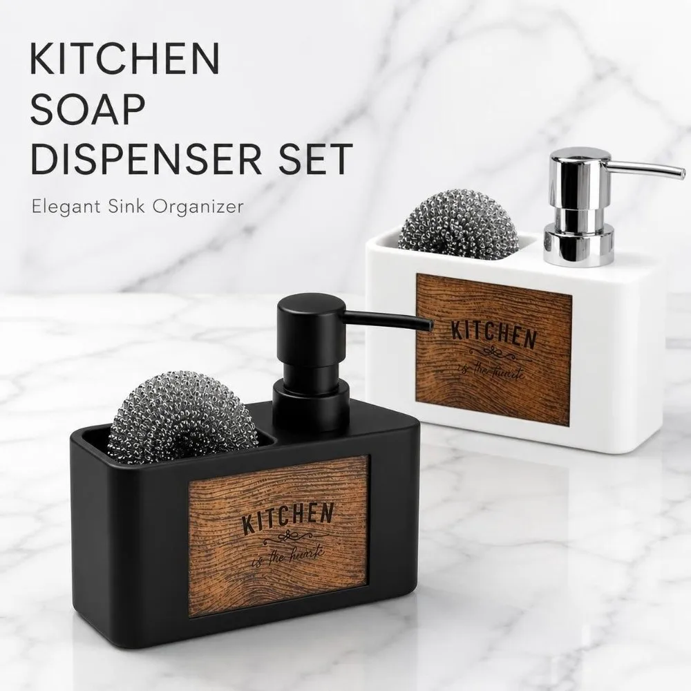 Press Type Kitchen Soap Dispenser with Sponge Holder Refillable Liquid Soap Container Wood Grain Manual Soap Pump Kitchen Sink