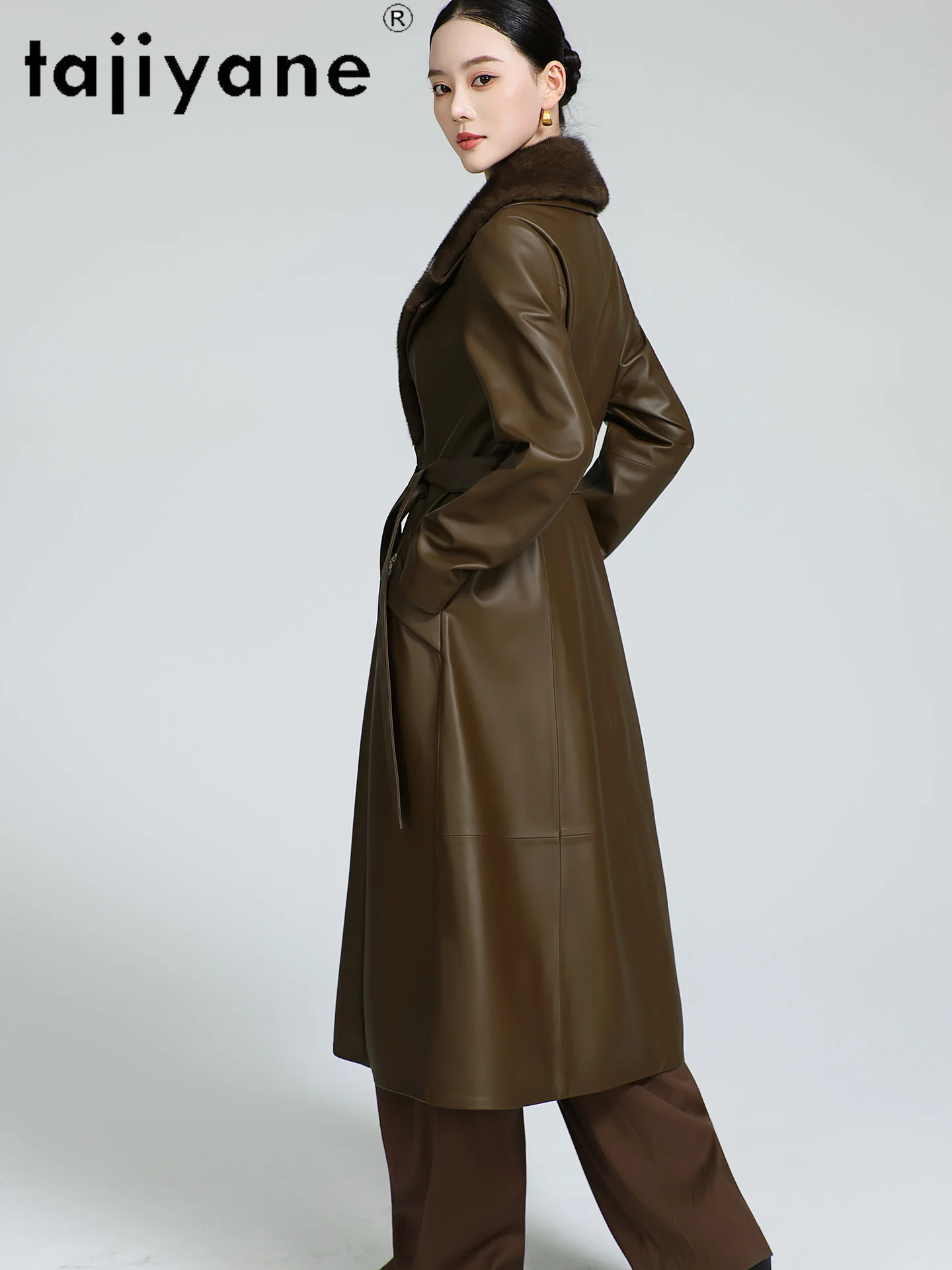 TAJIYANE 100 % genarbtes Schaffell, weißer Gänsedaunenmantel für Damen, lange Pufferjacke aus echtem Leder mit Nerzkragen, 2025, Winter