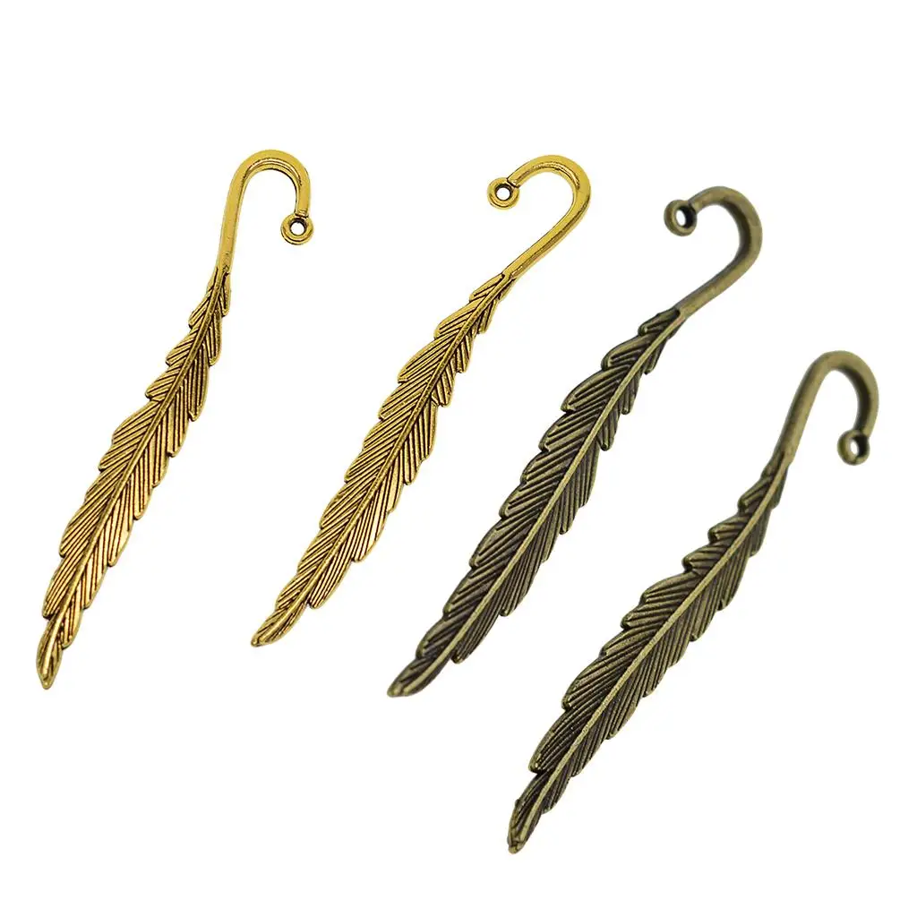 ALLOY BOOK LOVER GIFT FEATHER SHAPED CHARM DIY BEADING BOOKMARK, Bronze/Gold