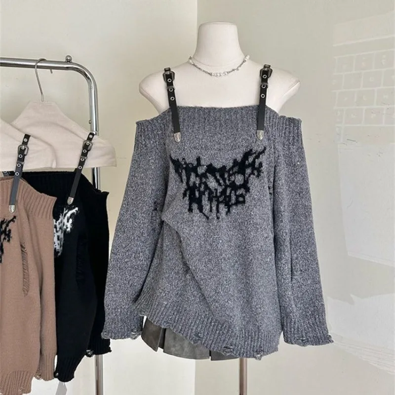 

Autumn Winter Hole Punk Knitted Pullover Loose Lazy Long Sleeve Tops Mujer Vintage Fashion All-match Sweaters Mujer