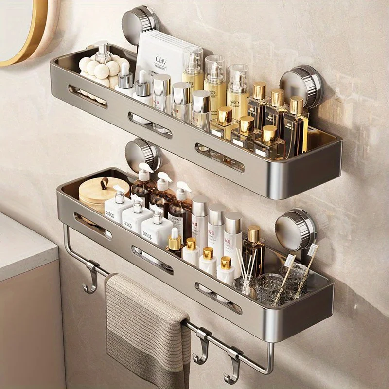Easy To Install Suction Cup Style Plastic Wall Mounted Storage Rack Space For Storing Shampoo Soap And Toiletries In The Bathroo
