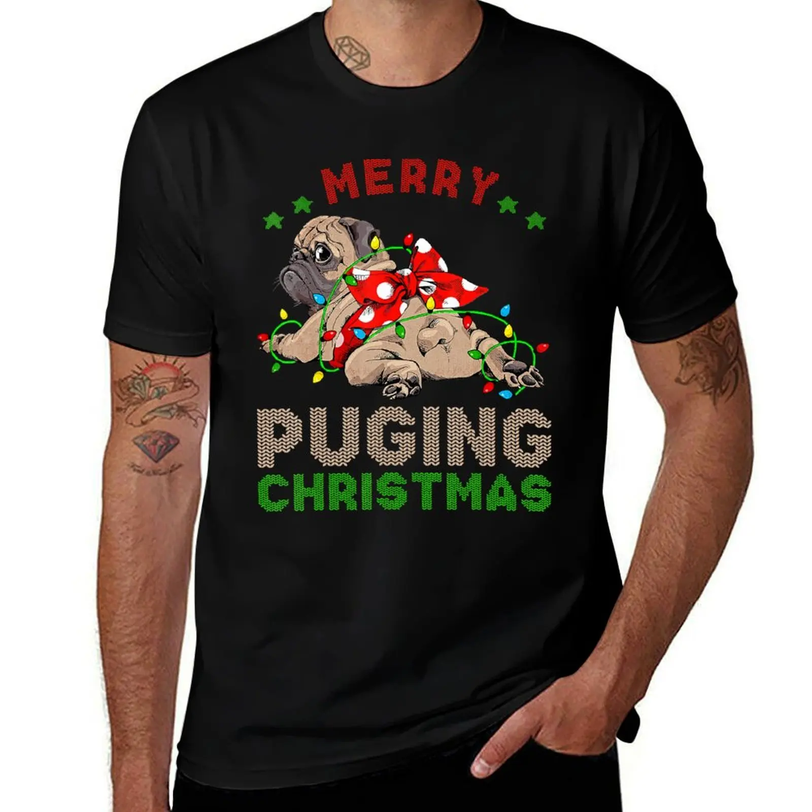 Pug Christmas Tree Lights Xmas Gifts Boys Pugmas Santa Dog T-Shirt graphics mens fashion