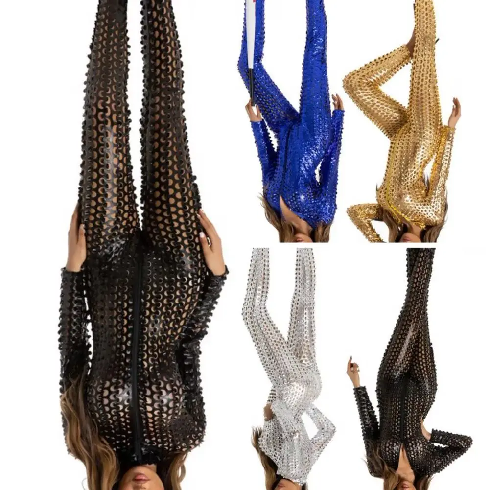 Women Jumpsuit Hollow Out Hole Solid Color Skinny Elastic Stand Collar Long Sleeve Cosplay DJ Pole Dance Jazz Stage Jumpsuit