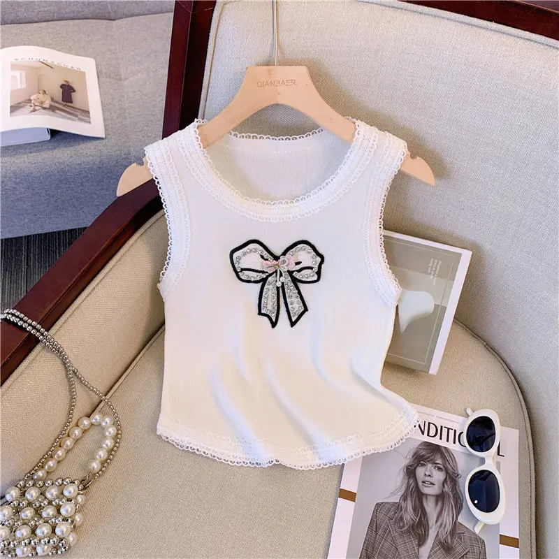 Heavy Industry Small Fragrance New Embroidered Bow Sparkling Design Vest 2023 New Top Ins Crop Top
