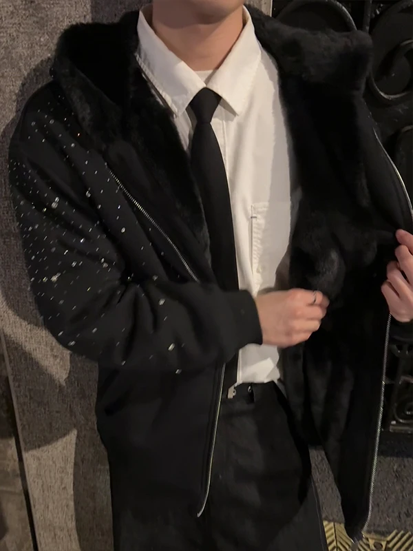 شتاء جديد سميكة الدافئة الثقيلة السماء المرصعة بالنجوم حجر الراين البلوز فضفاض عادية الصوف مبطن سستة مقنعين سترة للرجال