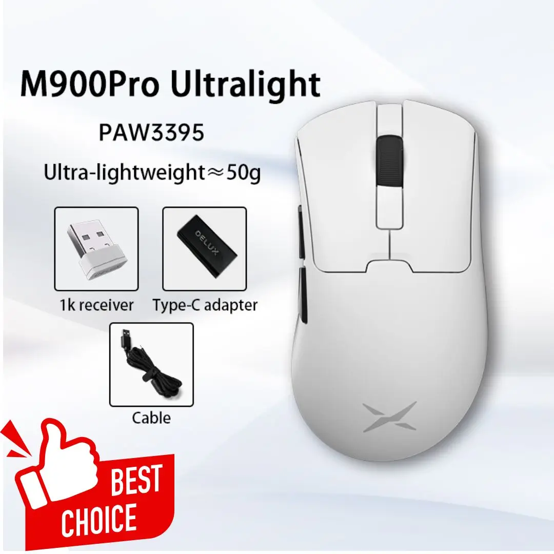 Сверхлегкая беспроводная игровая мышь Delux M900PRO, эргономичная частота опроса 8K, 50 г, PAW3395, мышь для правой большой руки, ПК-геймера