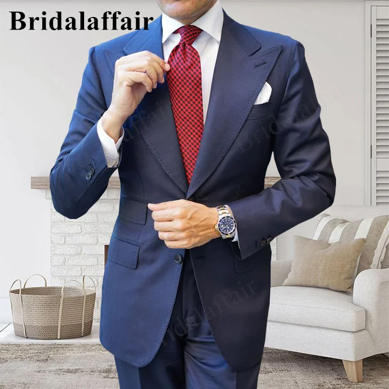 

Bridalaffair Navy Men Peaked Lapel 3 Pieces Suit Set Coat Trousers Business Groomsmen Groom Wedding Dress Blazer Costume Homme