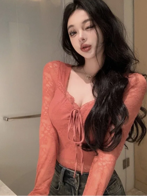 

Осенне-зимний кружевной топ с V-образным вырезом, облегающий, в стиле «Sweet Spicy Girl», с дизайнерским подходом, для ношения под одеждой