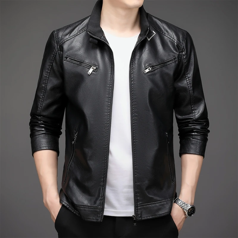 Men's Spring Autumn Slim Fit Leather Jacket Solid Korean Style Stand Collar Motorcycles Leather Coats Men Youth Casual PU Jacket