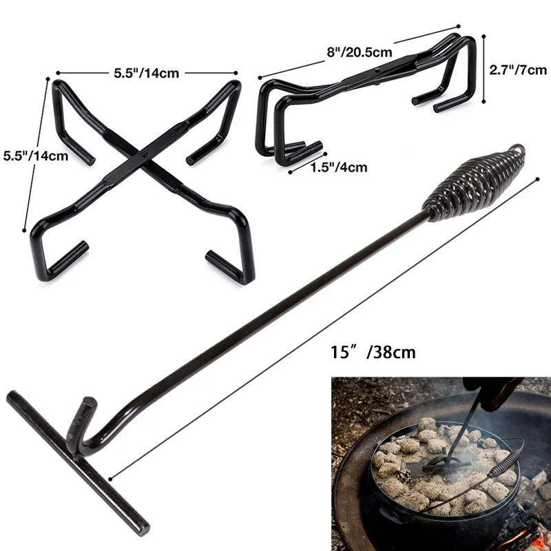 Heavy Duty Dutch Oven Lid Lifter with T-Bar Handle Cast Iron Pot Lid Hook High Temperature Resistant Tools for Campfire Cooking