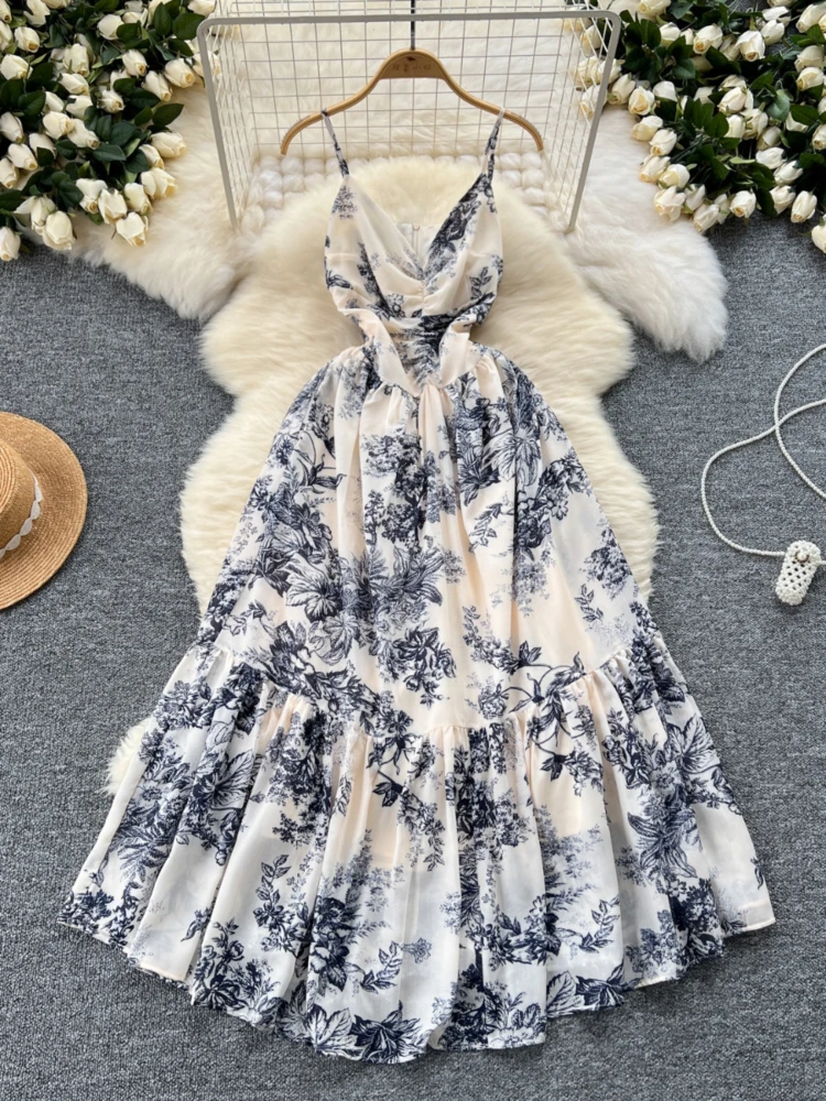 

Women Sexy Elegant Vintage Party Vacation A-line Robe Summer V-neck Pleat High Waist Slim Suspender Print Ruffle Edge Dress