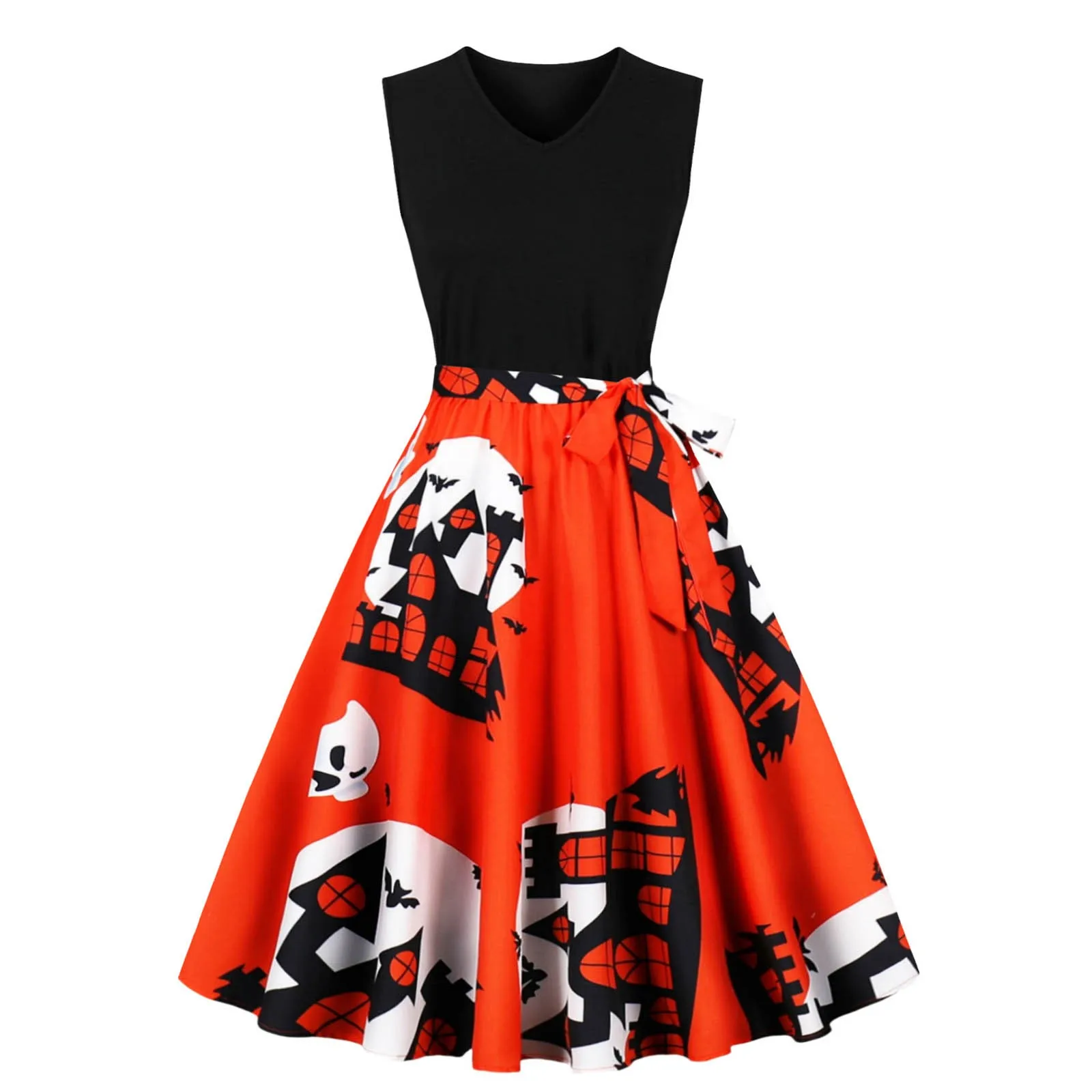 

Women'S V-Neck Sleeveless Colorful Dress Halloween Black Patchwork Print Swing Dress Retro Holiday Party Casual Dress