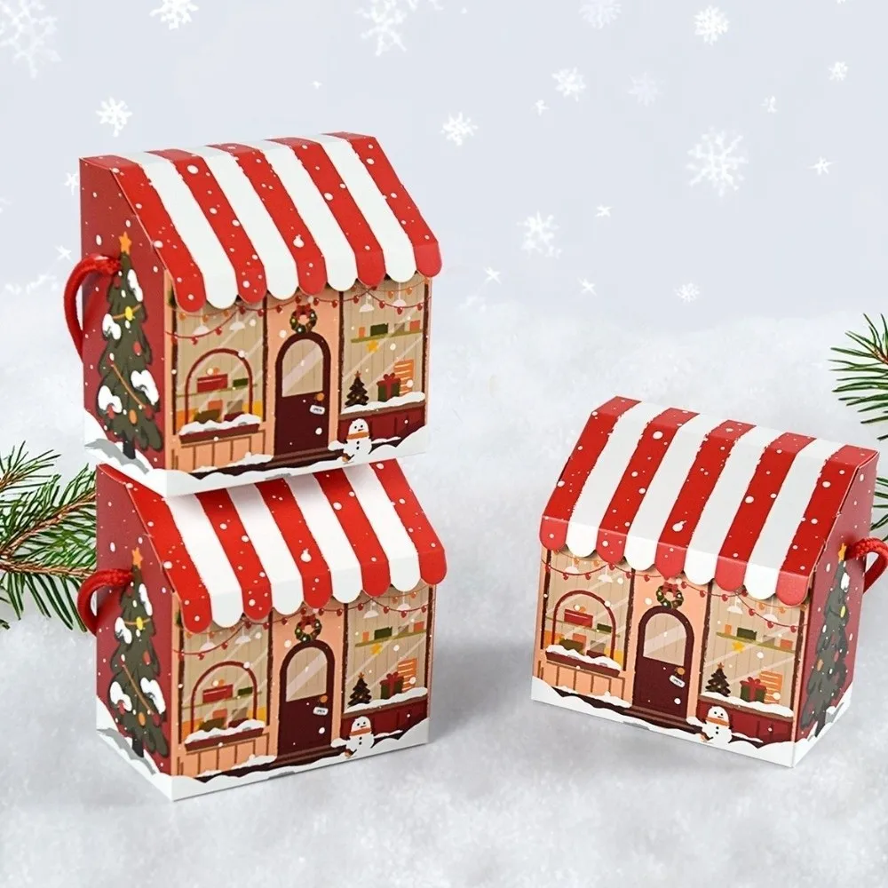 10Pcs House Shaped Christmas House Gift Boxes Snowman Printed With Handles Candy Treat Paper Boxes Red Stripe Roof view 3