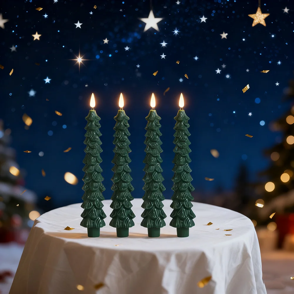 2pc/4pcs Christmas Tree LED Flameless Candles Light with 3D Flame Wick Green LED Candlesticks  Operated for Christmas Home Decor