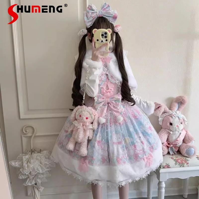 

Original Japanese Cute Girls Sweet Lolita Suspenders Dress Cape Set Winter New 2025 Women Cute Bow Print Birthday Party Dress