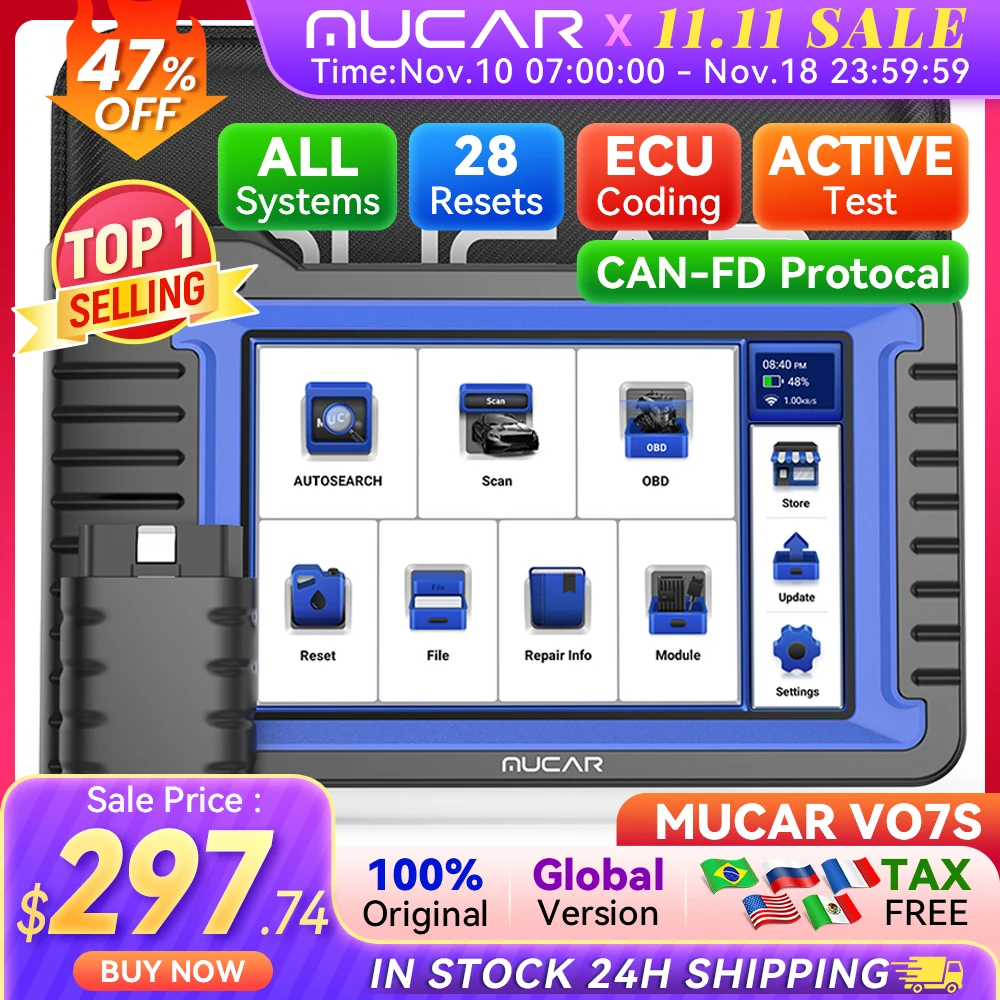 MUCAR VO7S Professional Car Diagnostic Tools Bi-directional Auto VIN CANFD ECU Coding 28 Reset Full System Free Obd2 Scanner FCA