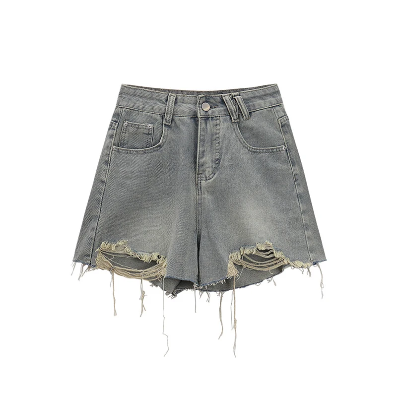 

Рваные джинсовые шорты для женщин, весна-лето 2026, новые облегающие синие брюки с высокой талией, повседневные винтажные брюки с карманами на молнии