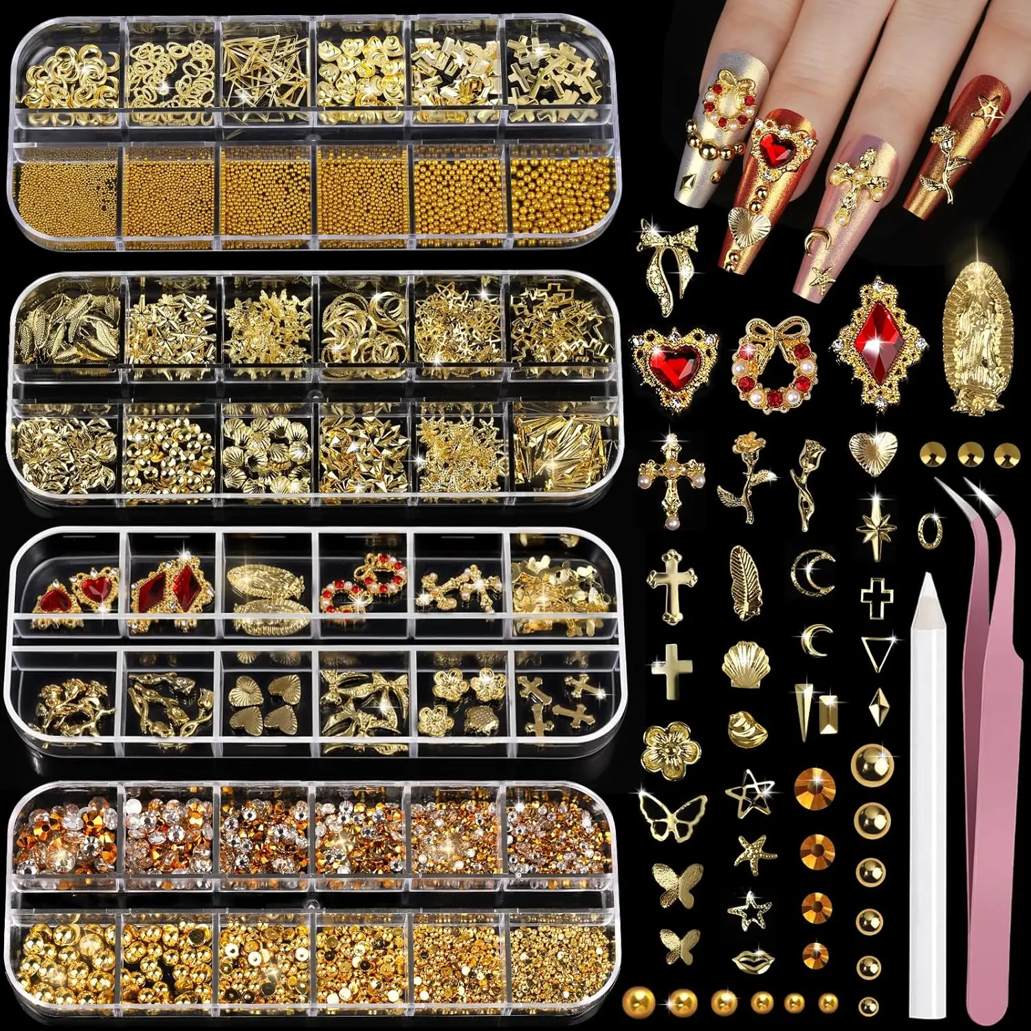 

Gold Nail Charms and Gems Set, 4 Boxes Nail Rhinestones Pearls Beads 3D Charms for Nail Art Kit with Tweezer Wax Pencil