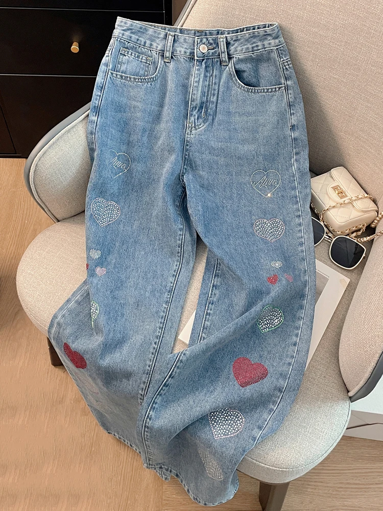 Heavy Industry Beaded Drilling High Waist Wide Leg Straight Jeans Women Loose Casual Denim Pants Girls Pockets Trousers Trendy