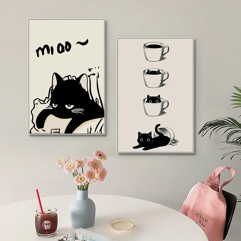 Black and white cute cat decoration bedroom living room children's room cartoon funny animal canvas painting