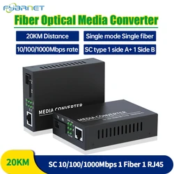 Gigabit Fast Ethernet Fiber Switch 20km 10/100/1000M 1 Fiber 1 RJ45 1.25g SC Single mode GIGA Optic Media Converter 1310/1550nm