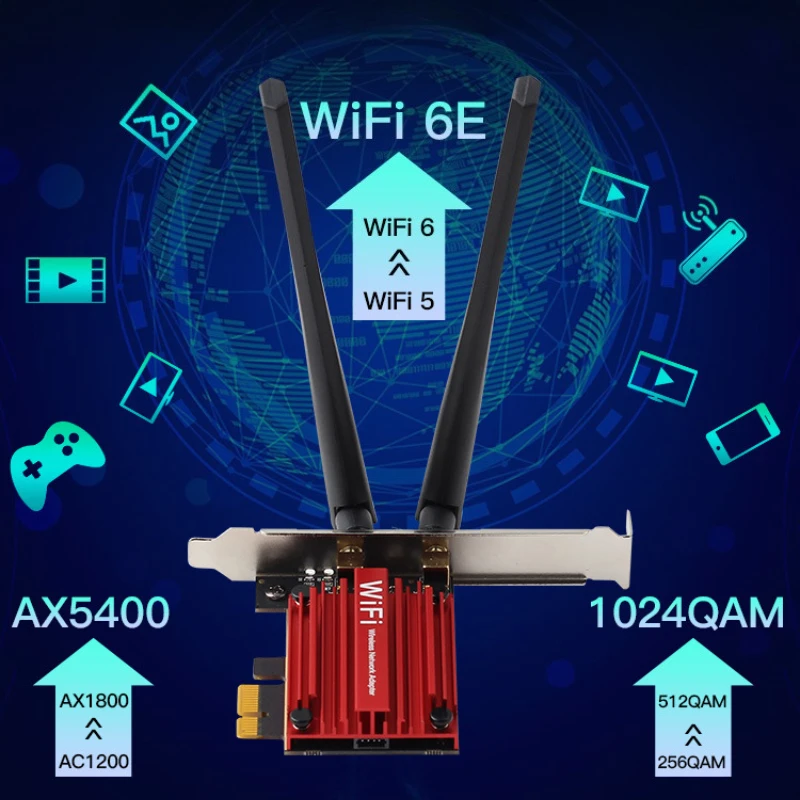 WiFi 6E 5400Mbps PCIe Wifi Adapter AX210 Wireless Network Card AXE3000 BT5.3 2.4/5/6GHz 5374Mbps MU-MIMO 802.11ax For Win 10/11