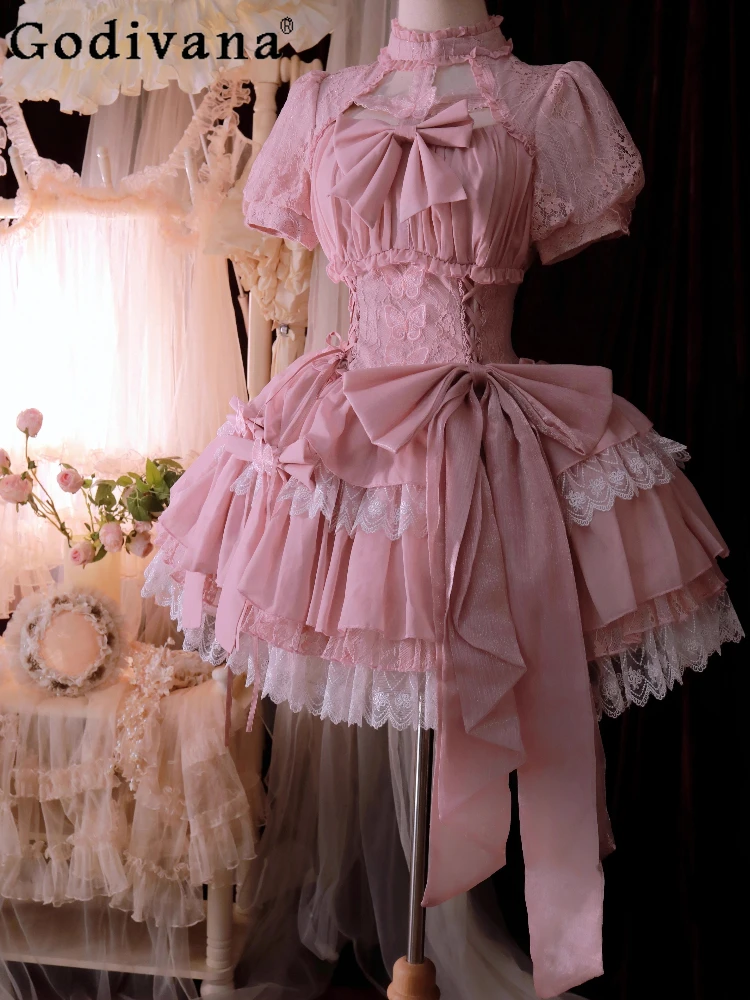 

Goth Lolita Short Sleeve Sweet Big Bow Embroidered Hollow Dress 2025 Summer New Pink Butterfly Lace-up Fairy Princess Dresses