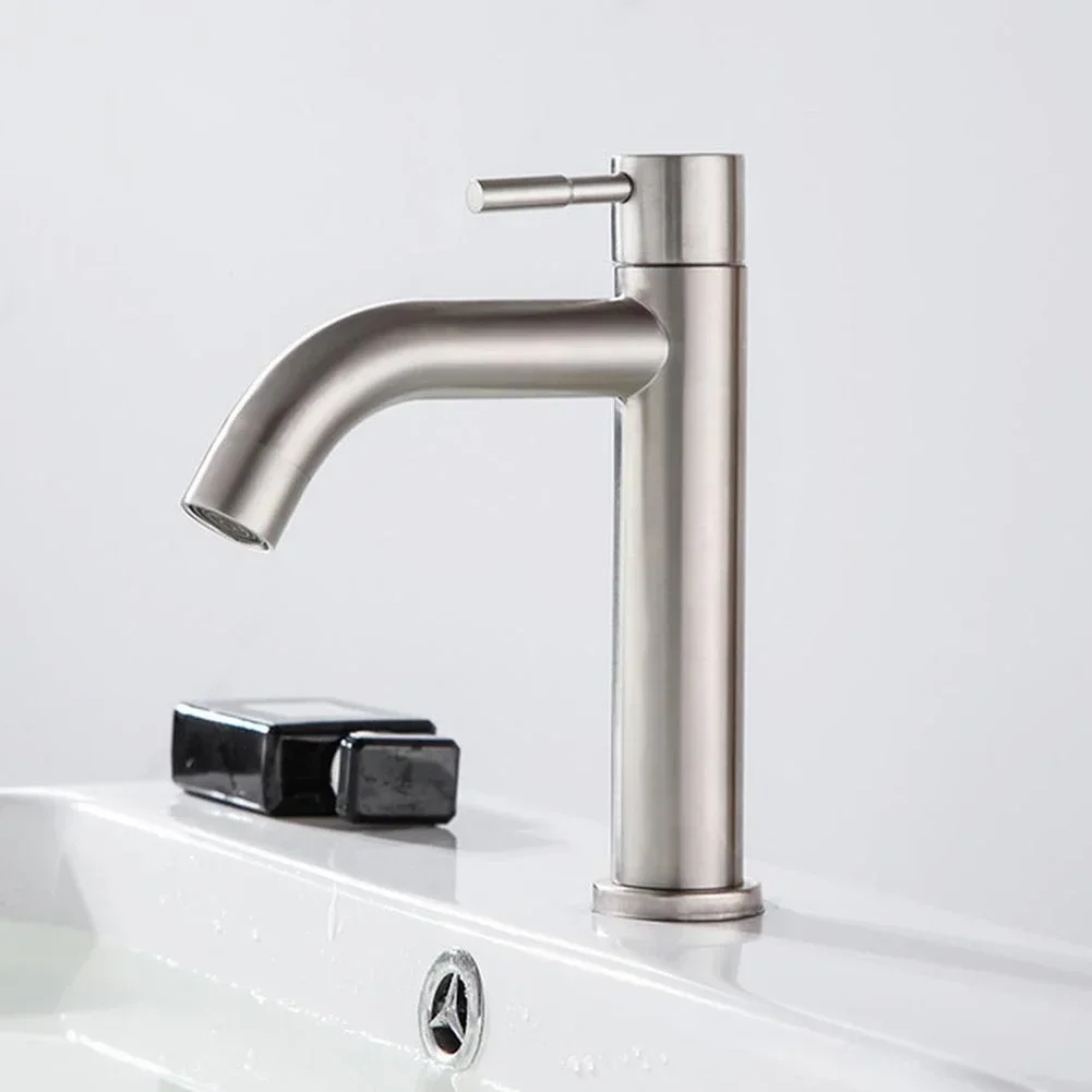 Grifos de lavabo de cocina, grifo de fregadero de Solo Frío plateado de acero inoxidable, conector G1/2 de un solo orificio, grifo de lavabo de encimera de baño