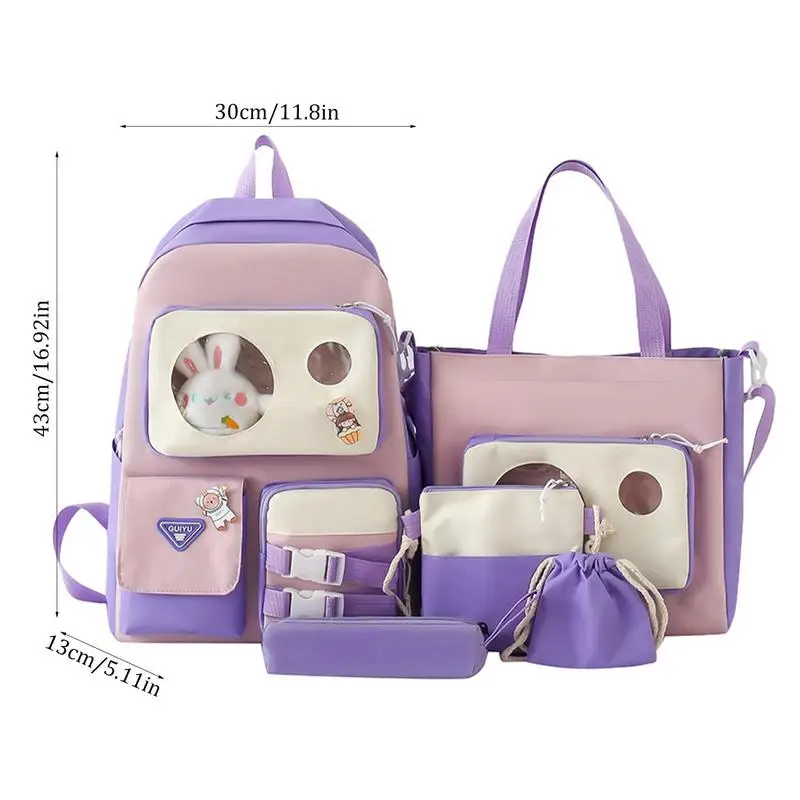 Cute Backpack Set For Girls Aesthetic School Backpacks With Pins And Plush Pendants 5 Piece Large Capacity Waterproof Bag