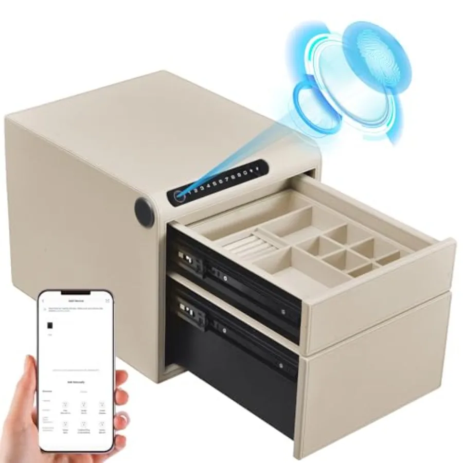 

Jewelry safe with drawers for home use, leather-wrapped white steel, biometric fingerprint digital keypad access, quick-access
