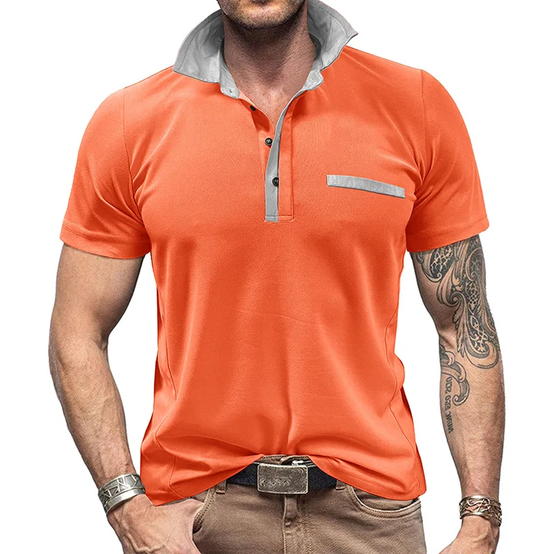 

Vintage Contrast Color Mens Polo Shirts Leisure Loose Short Sleeve Button Lapel Pullover Tops Men New Casual Patchwork Polo Tees