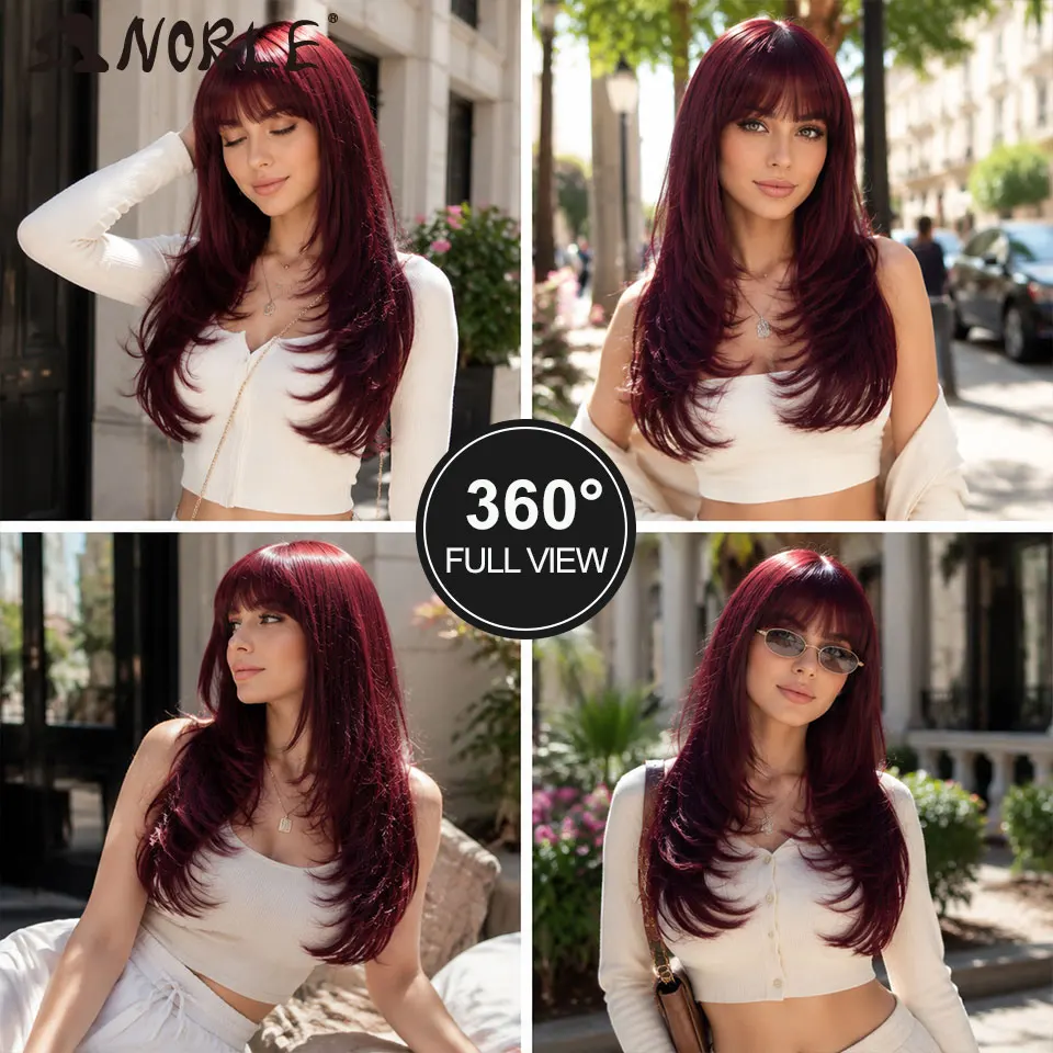 NOBLE 20 Zoll Burgunderrote Gerade Bob-Perücke mit Air Bangs, Hitzebeständige Synthetik-Perücke für Frauen, für den täglichen Gebrauch, Cosplay und Partys – Detail 3