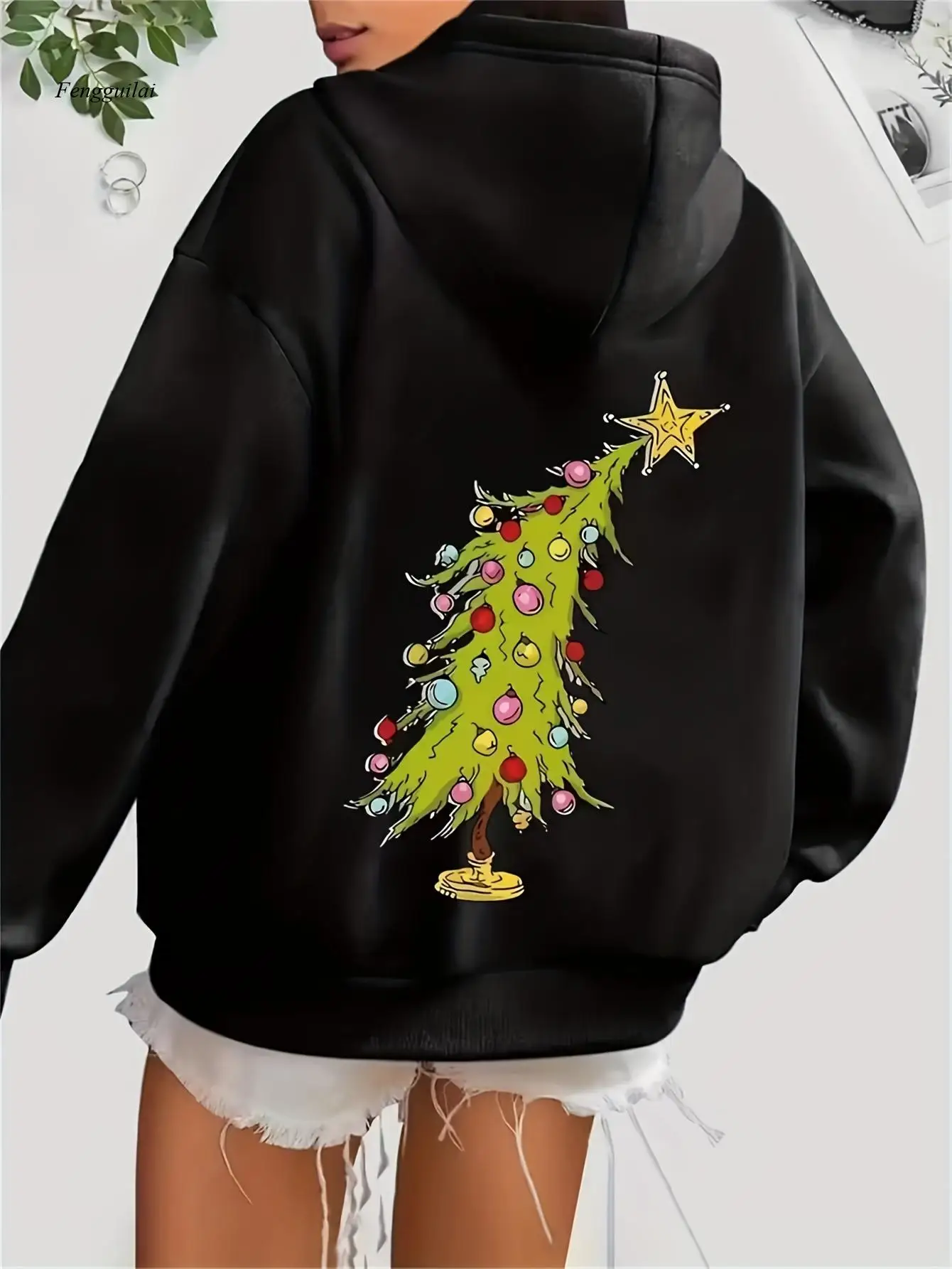 Christmas Tree Print Hooded Sweatshirt - Cozy Winter Pullover with Long Sleeve & Drawstring Hood