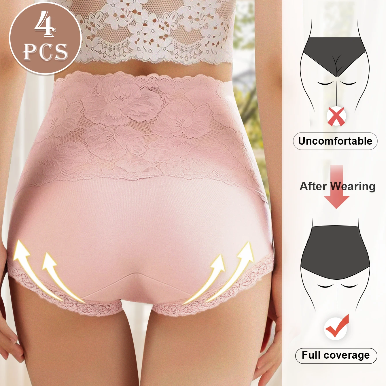 4pcs High Waisted Panties Ladies Jacquard Pattern Sexy Lace Hip Lifting & Shaping Skin Friendly & Soft Comfortable Cotton