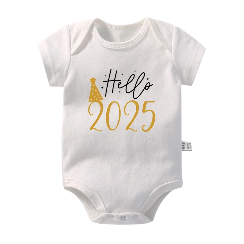 Hello 2025 Newborn Baby Bodysuit Cotton Short Sleeve Infant Rompers Body Baby Boys Girls New Year Ropa Clothes Christmas Gift