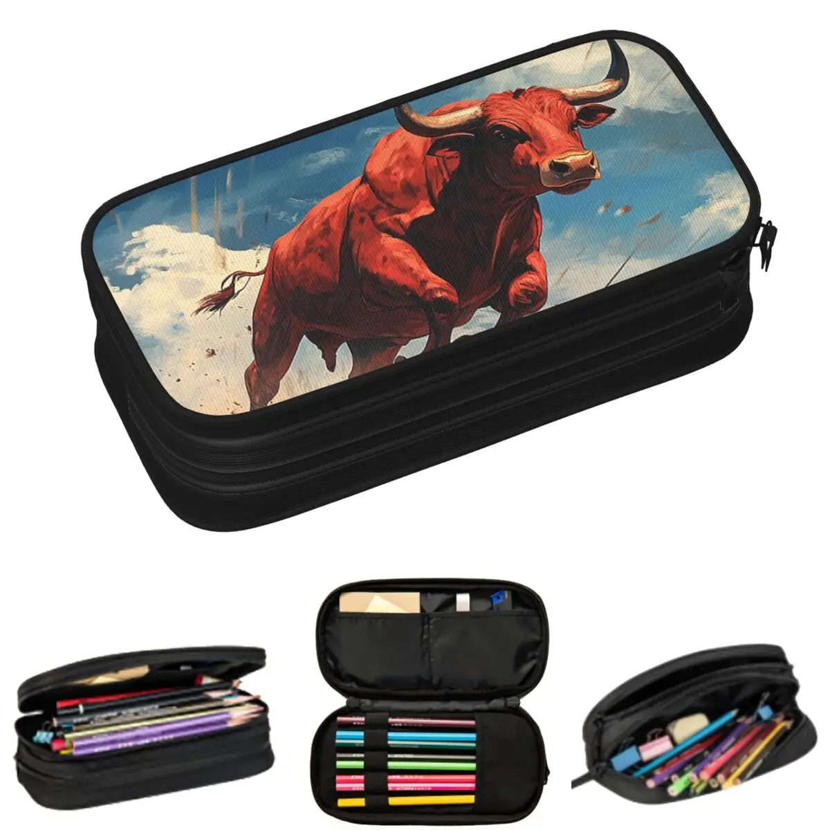 

Пенал для карандашей с изображением быков, бегущих по полю, для студентов, подарочная коробка для ручек, сумка для канцелярских принадлежностей, держатель для ручек