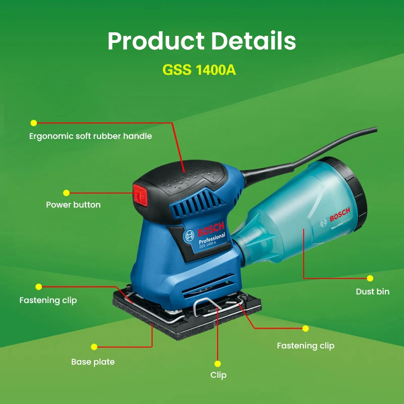 Bosch Gss 1400A: 180W 12,000 Rpm Corded Orbital Sander with Dust Bin and Sandpaper for Woodworking