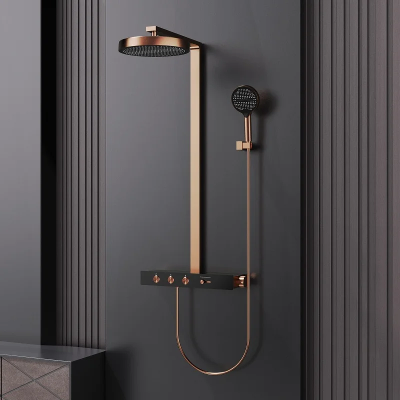 

Brush Rose Gold Thermostatic Bathroom Shower Faucet Brass Gray Bathroom Rainfall Shower Faucet Wall Mount Bathtub Shower Faucet