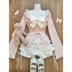 Sweet Fungus Long Sleeve Cardigan Tops+ Sexy Slim Fit Bow White Vest+ High Waist Ruched Lace Cake Skirts Three Piece Sets