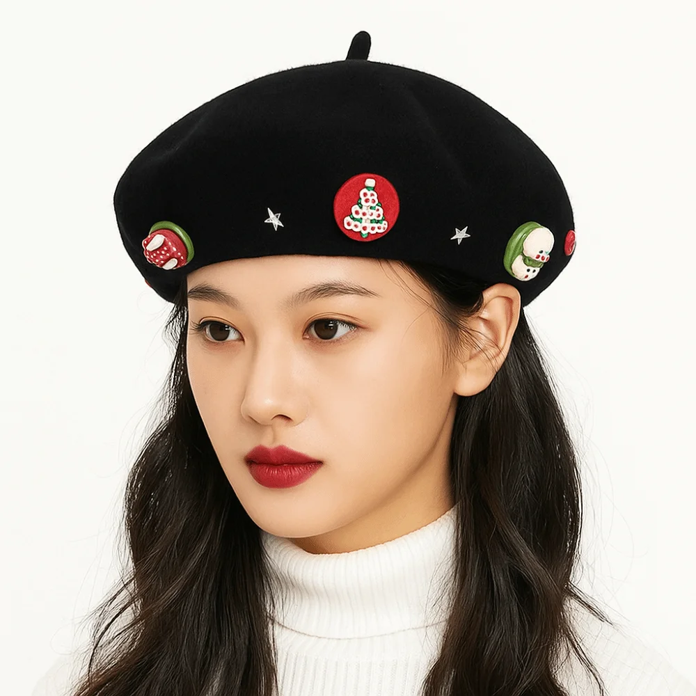 

Artist Hat Woolen Christmas Beret Star Christmas Tree Wool Beret Warm Solid Color Octagonal Hat Travel