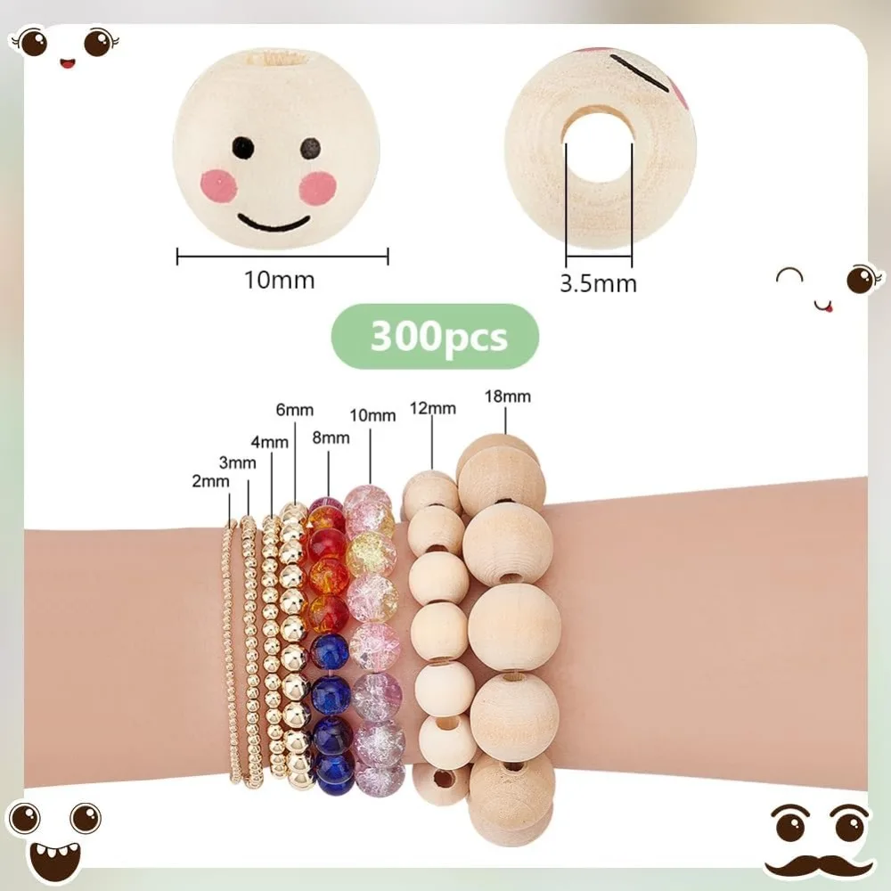 300pcs Ball Head Beads, 10mm Smiling Face Wooden Beads Wood Bead with 3.5mm Hole Spacer Wooden Loose Bead