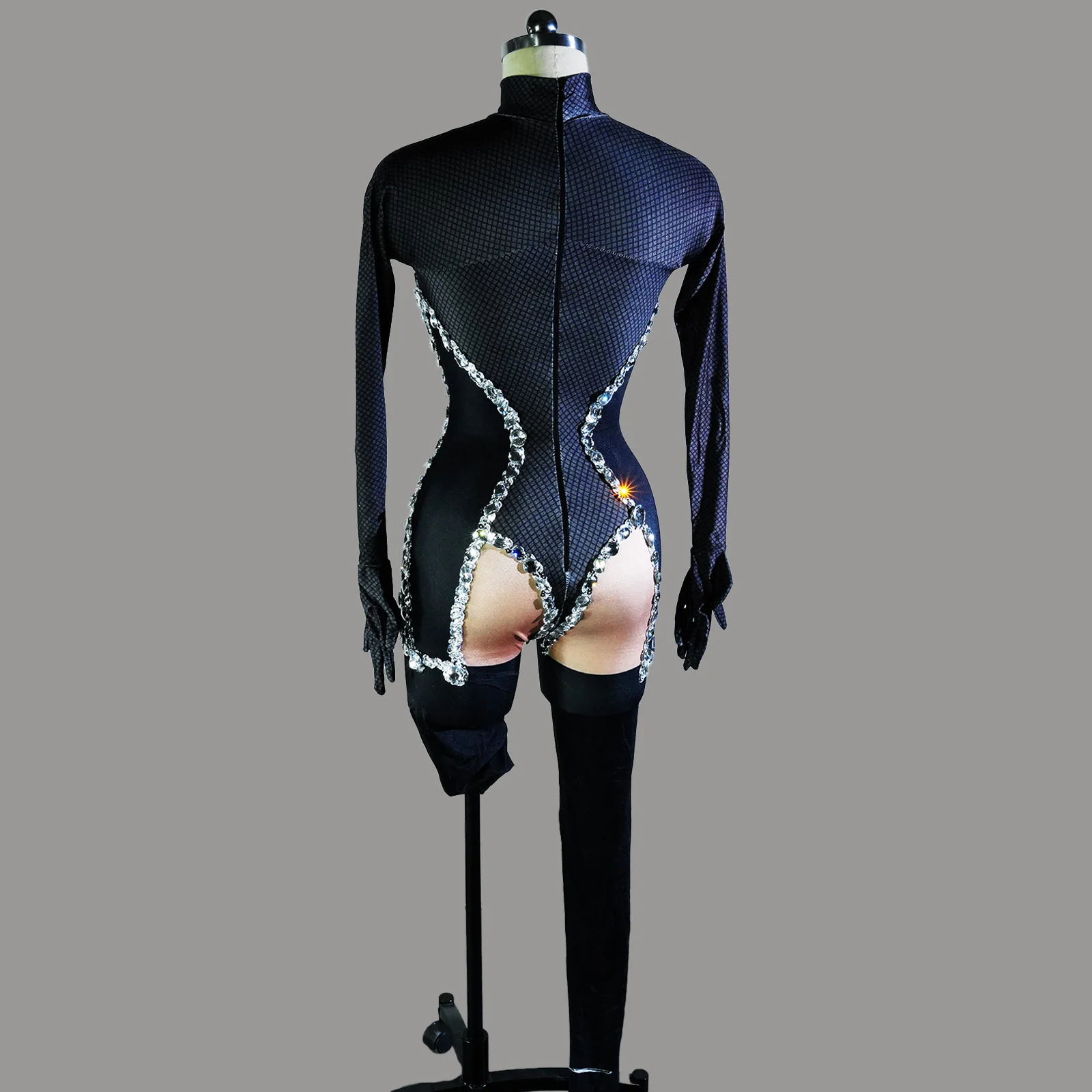 Sexy High Neck Long Sleeve Spandex Blend Jumpsuit with Silver Sequin Trim Singer Dancer Drag Queen Outfit Costume Performance